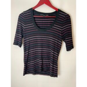 Veronica Beard Black Purple Striped Scoop Neck Top XS 3/4 Sleeve